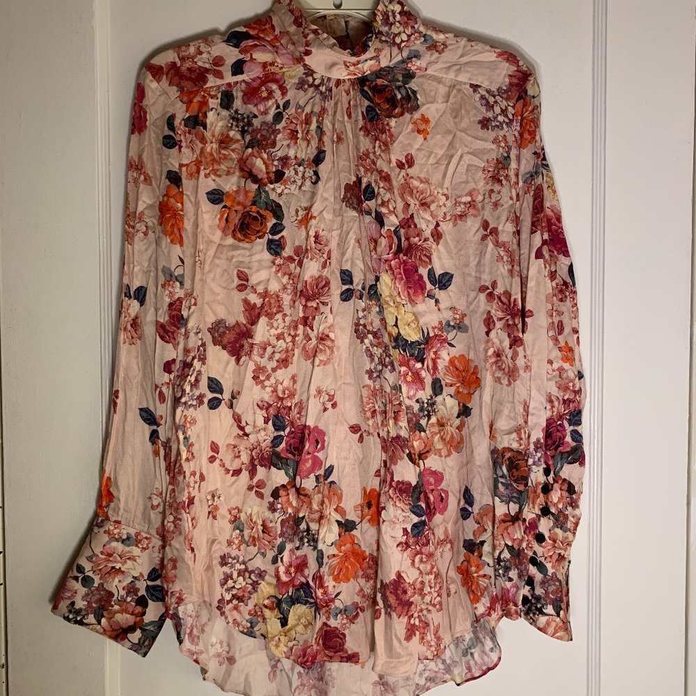Zara Pink Floral High Neck Long Sleeve Blouse